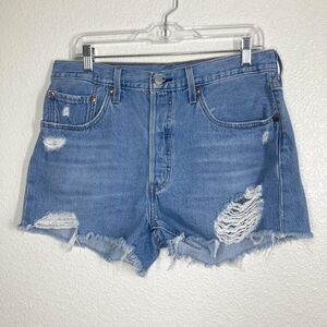Levis 501 Shorts Womens 31 Blue Distressed Denim High Rise Cut Off Button Fly